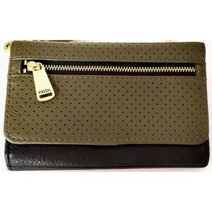 Fossil Preston Tri-Fold Olive/Black Perforated Leather Wallet No Wristlet Strap